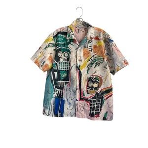 Jean Michel Basquiat Art Design Button Down Camp Shirt Size L Men's Adult